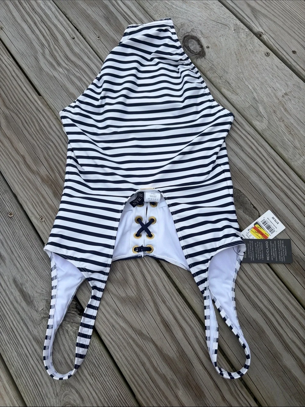Ralph Lauren Navy & White Striped Lace-Up One-Piece Swimsuit